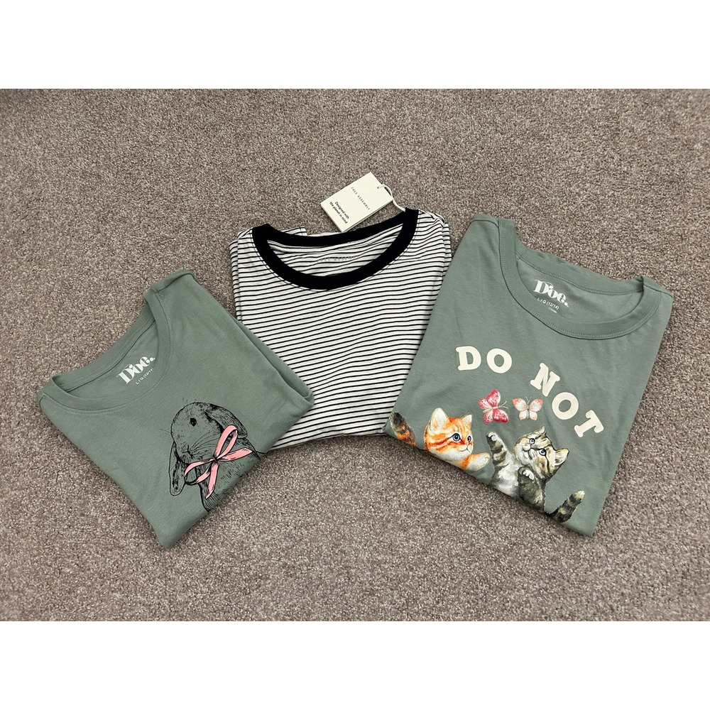 Aesthetic Soft Girl T-Shirt 3 Bundle Girls L 12/14 Green Striped NWT Graphic Tee